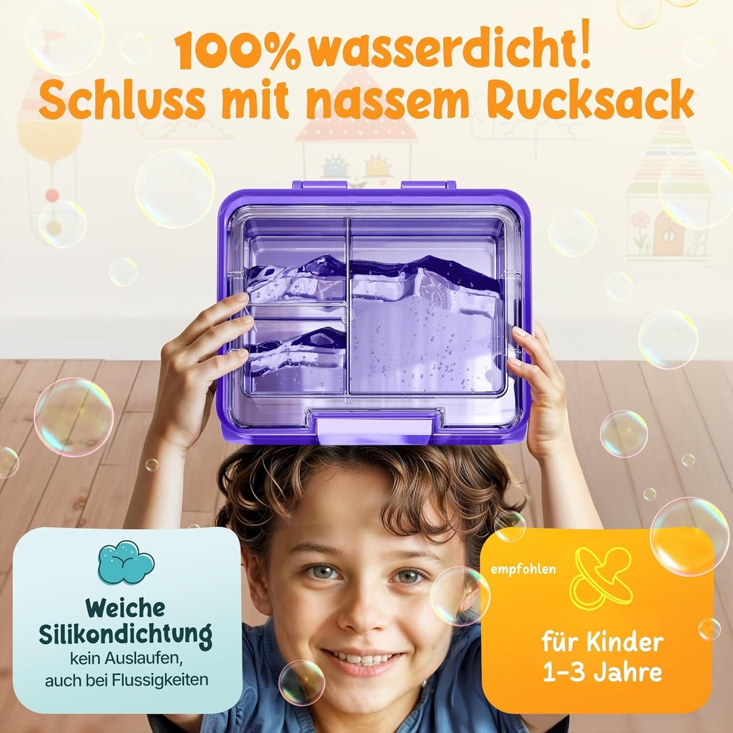 Funkelfuchs Lunchbox Kinder – 500 ml – Bento Box mit Fächern – Spülmaschinenfest – Lila