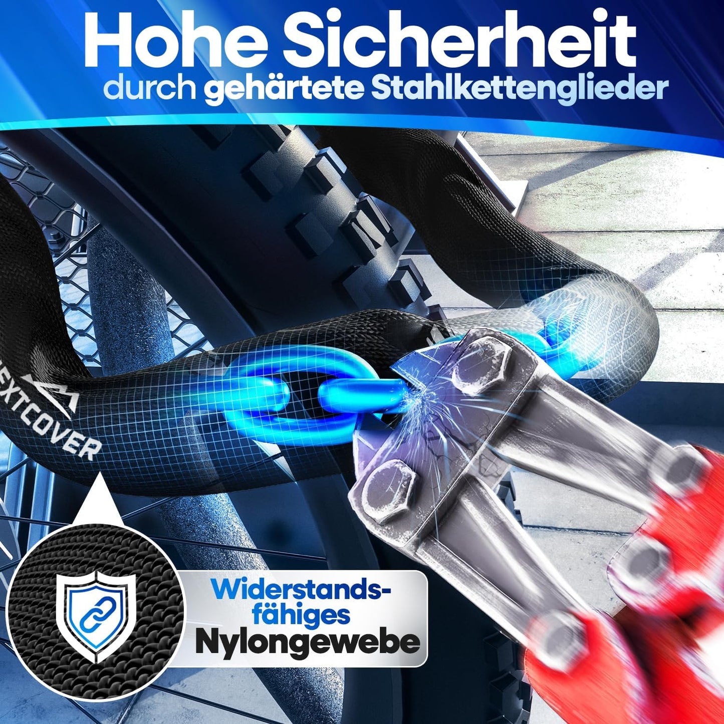NEXTCOVER® Fahrradschloss LockOne mit Schlüssel I - [SAFE] Fahrradschloss hohe Sicherheit I robustes & langlebiges Kettenschloss Fahrrad I Fahrradschloss, Fahrradschloss 3 Schlüssel