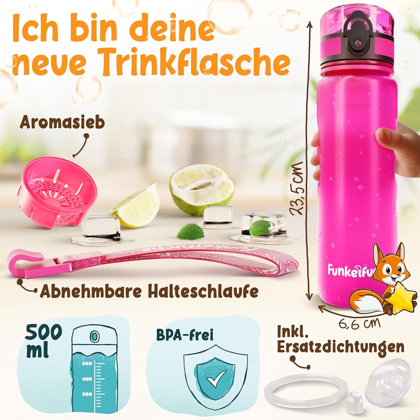 Funkelfuchs® Kindertrinkflasche - 500ml, rosa - mit Kohlensäure - 100% auslaufsicher - Wasserflasche spülmaschinenfest - für Kindergarten, Einschulung, Schule, Sport