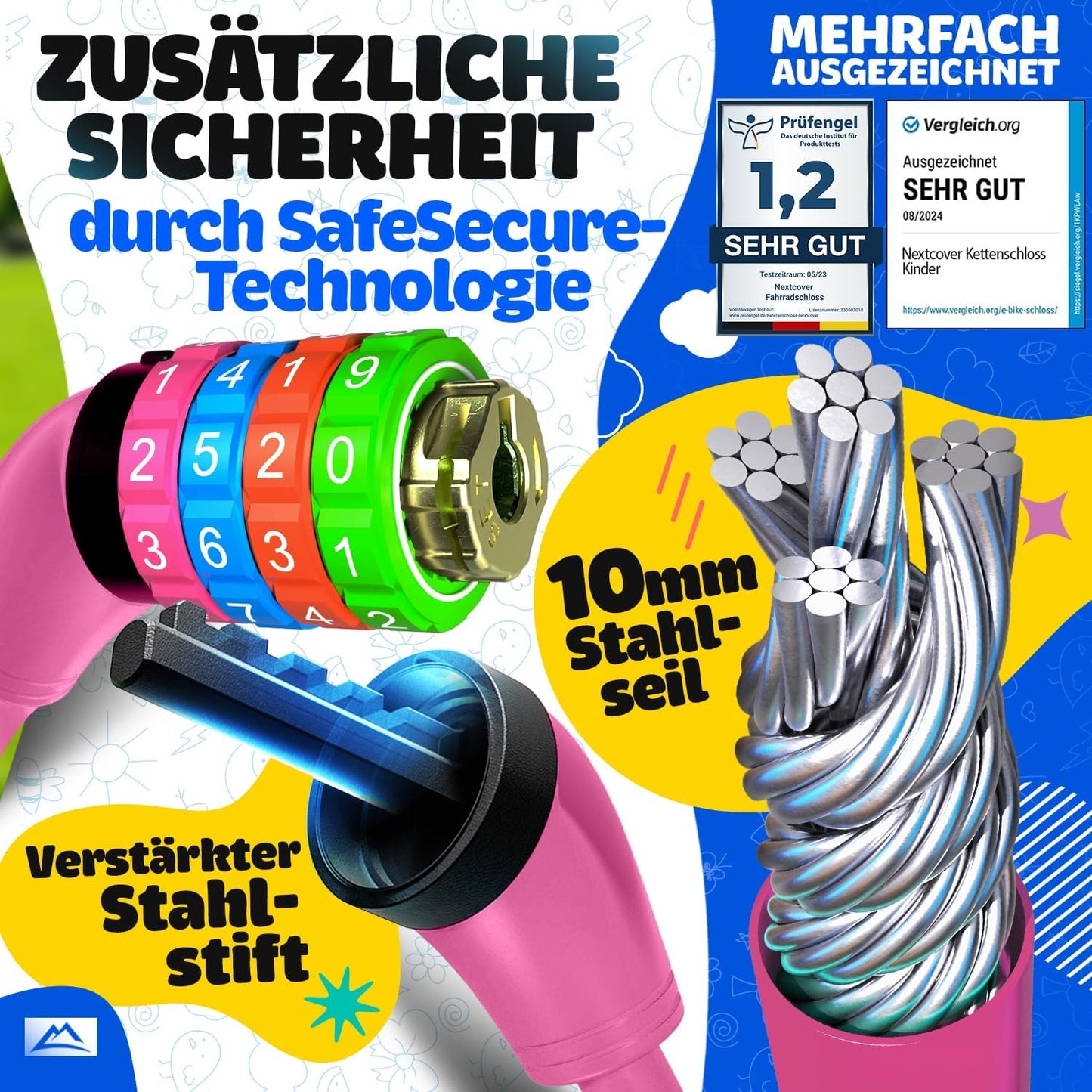 NEXTCOVER® Kinderfahrradschloss - 4-stelliger Zahlencode - Zahlenschloss Fahrrad mit bunten Zahlen - Scooterschloss Extra robust & sicher - Pink