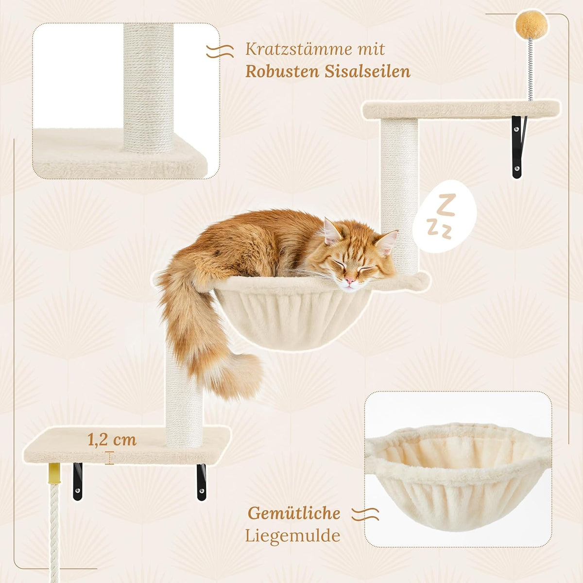 Yaheetech Kletterwand für Katzen - 4-teilig - mit Kratzbereich und Korb - Beige