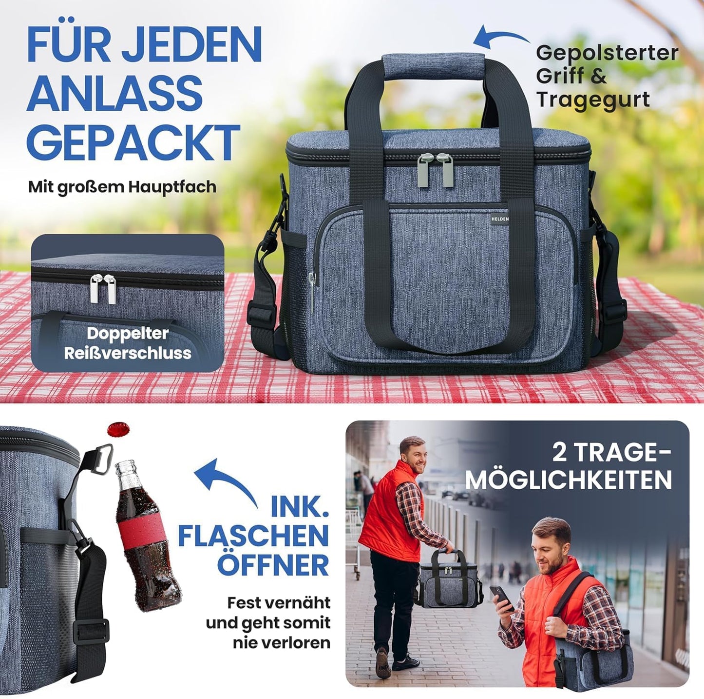 HELDENWERK Kühltasche - Klein & faltbar - 10 Liter Thermo-Lunchbag - Isoliert, wasserdicht & auslaufsicher - Picknicktasche - Marineblau
