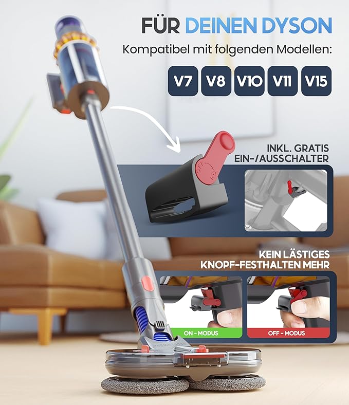 Heldenwerk Wischaufsatz für Dyson V7/V8/V10/V11/V15/Gen5 Staubsauger - Elektrischer Bodenwischer mit Abnehmbaren Wassertank und 6 Waschbare Mopps