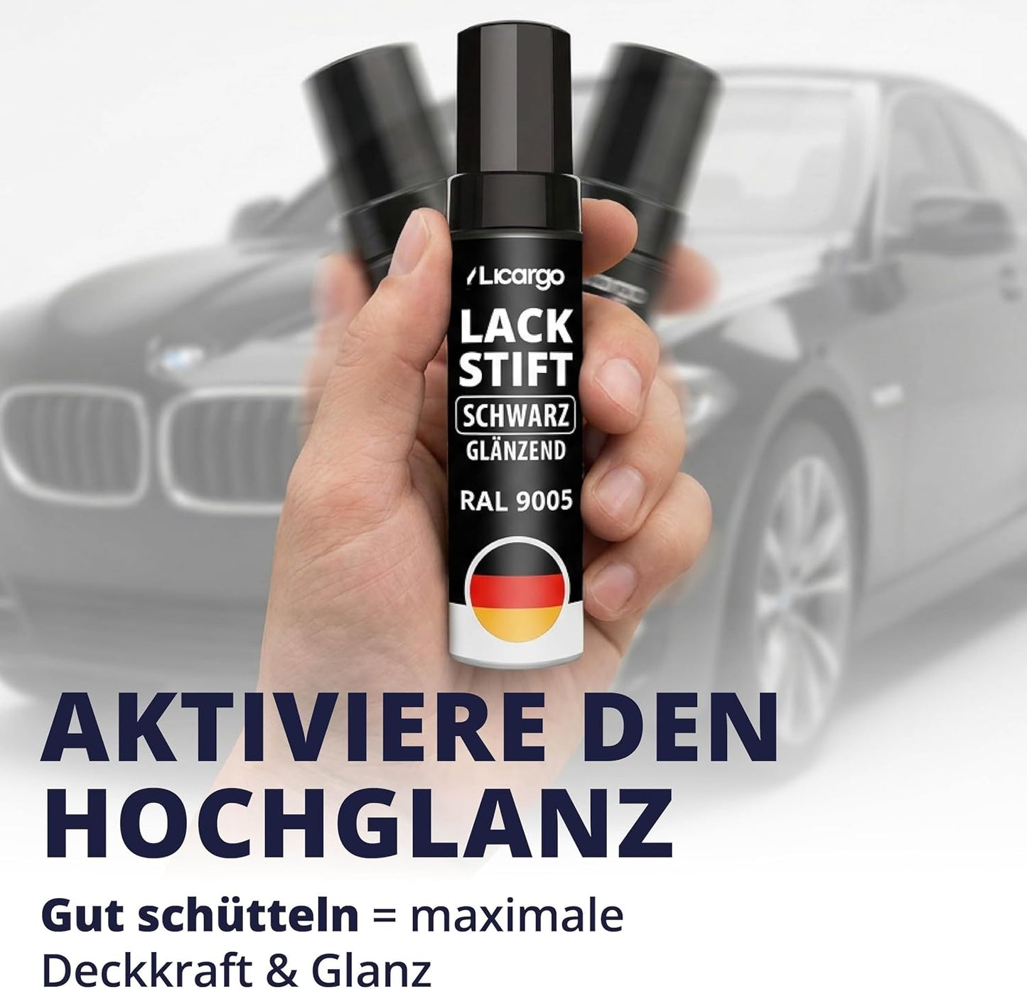 Licargo Lacquer Stick Car Black Gloss 12 ml - Präzisionspinsel - Schnell trocknende Reparatur von Kratzern und Steinschlägen