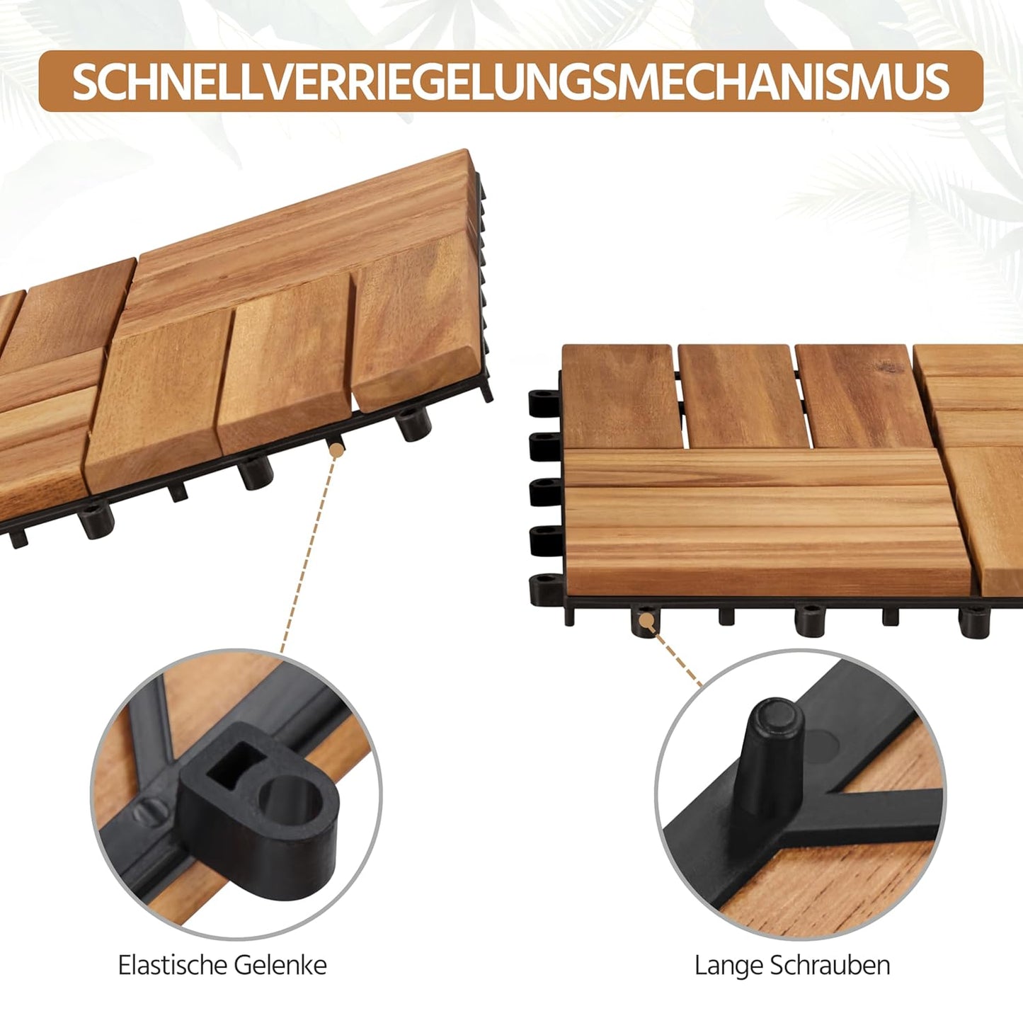 Yaheetech Akazienholz-Decking-Fliesen Hellbraun - 27 Stück - 30 x 30 cm - Wasserfeste Klick-Fliesen für Balkon, Terrasse & Garten
