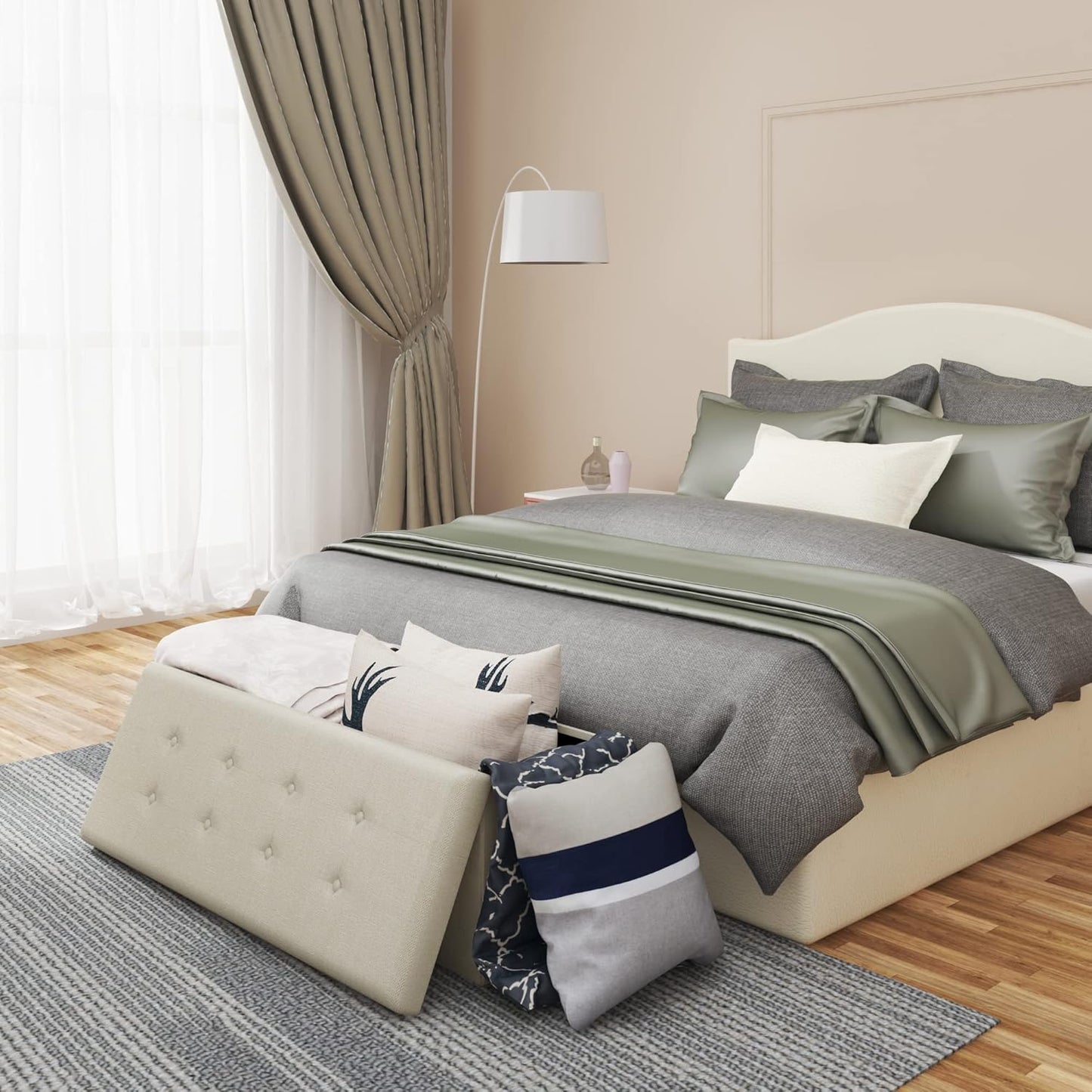 Woltu Klappbare Aufbewahrungsbank mit Stauraum – 118 Liter – 110 x 37,5 x 38 cm – Creme-weißes Leinen – Belastbar bis 300 kg