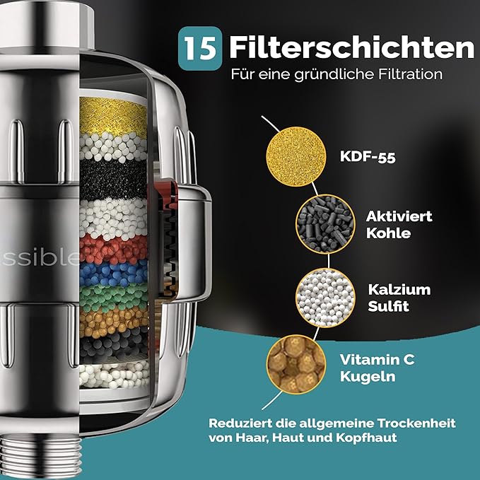Essible 15-Stufen-Duschfilter - mit Vitaminen C und E - Edelstahl-Wasserfilter für Duschkopf - gegen Kalk, Chlor und Fluorid**