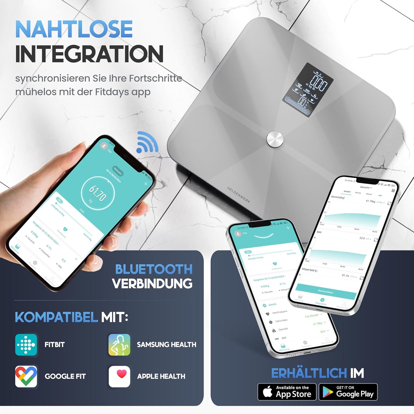 Heldentum Waage - Digital - 180KG - Bluetooth - Grau
