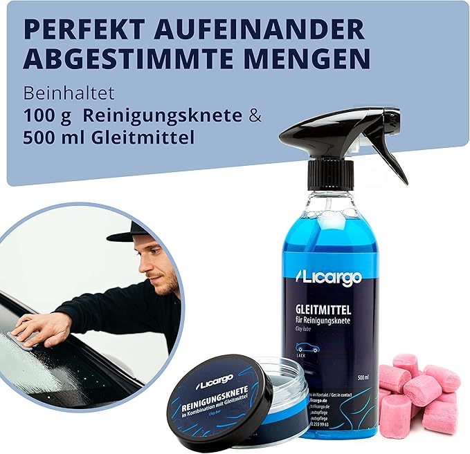LICARGO Premium-Reinigungsknete-Set – Tiefenglanz für Autolack – 100 g Lackknete – 500 ml Gleitmittel – für porentiefe Reinigung