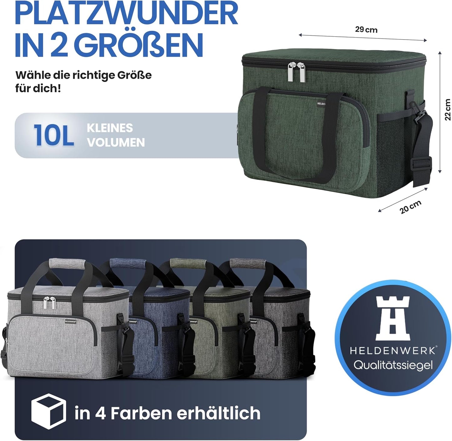 HELDENWERK Kühltasche klein & faltbar - 10 Liter Thermo-Lunchbag - wasserdicht & auslaufsicher - isolierte Picknick- und Kühltasche - mit Flaschenöffner - olivgrün