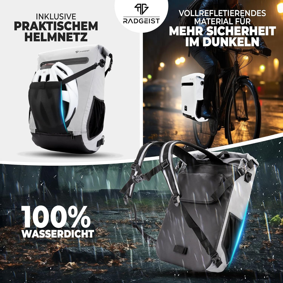 RADGEIST Fahrradtasche für Gepäckträger I Fahrradtasche & Rucksack I Tasche für Fahrrad 100% wasserdicht (reflektierend)