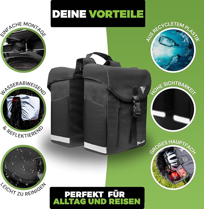MIVELO - Doppelte Fahrradtasche - 36L Kapazität - Schwarz & RPET - Regenschutz - MIK & Racktime kompatibel - Aus recyceltem Material