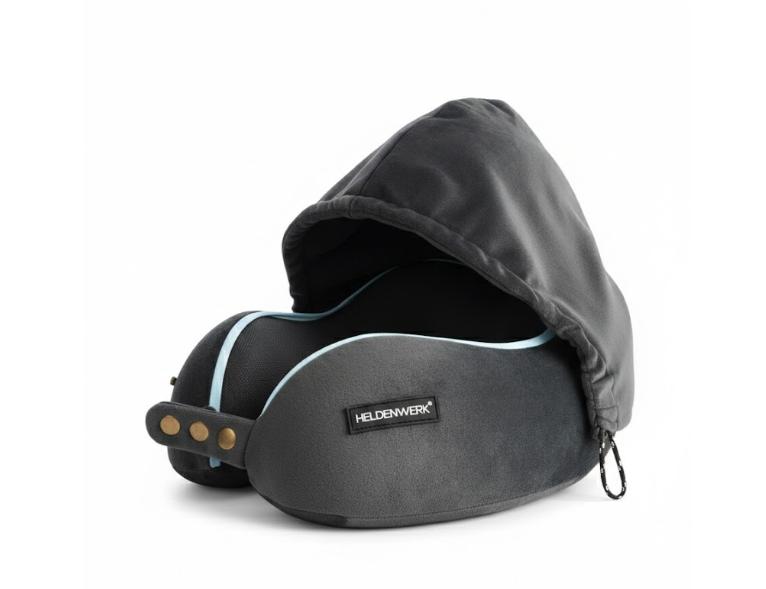 HELDENWERK - Nackenkissen & Reisekissen - Dunkelgrauer Memory Foam - Mit verstellbarem Kordelzug & samtig weichem Bezug - Ergonomischer Komfort - Für Flugzeug & Auto