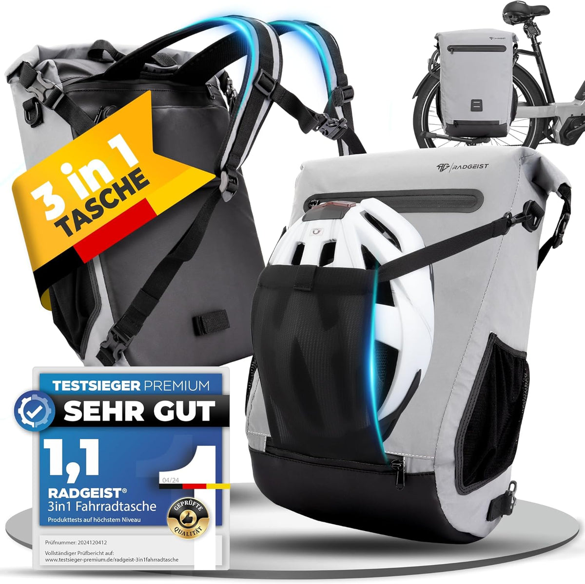 RADGEIST Fahrradtasche für Gepäckträger I Fahrradtasche & Rucksack I Tasche für Fahrrad 100% wasserdicht (reflektierend)