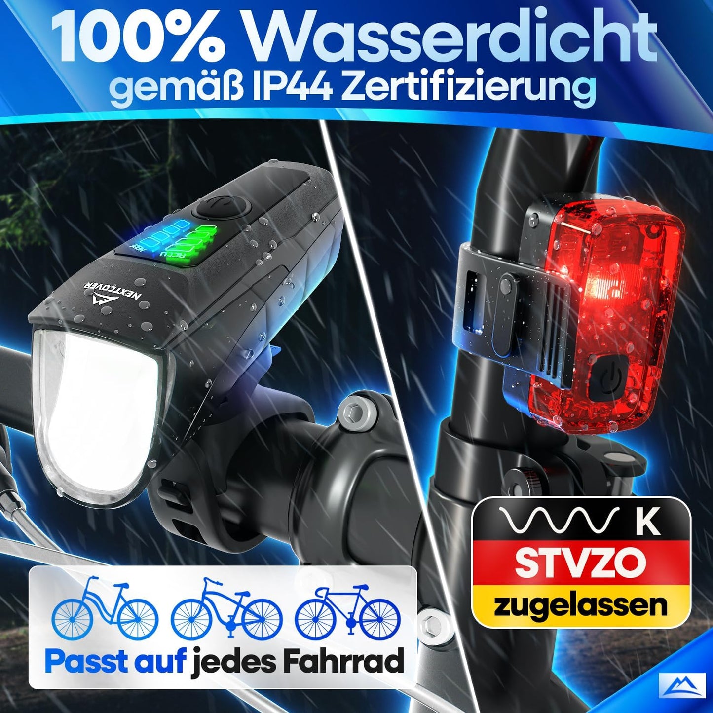 NEXTCOVER® Fahrradlicht-Set - Mit Sensor - 11 Stunden Akkulaufzeit - USB aufladbar - wasserdicht - StVZO geprüft