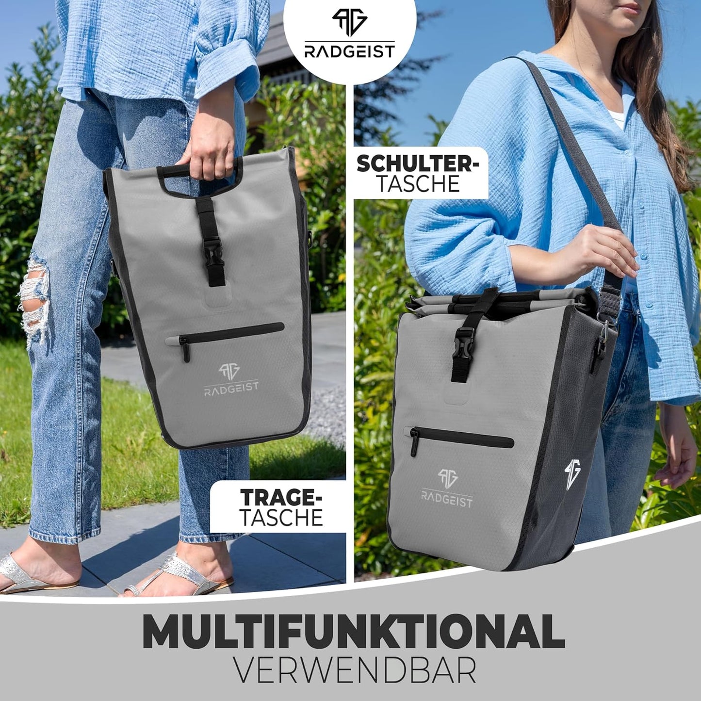 RADGEIST Fahrradtasche - Für Gepäckträger - Mit herausnehmbarer Kühltasche - Einkaufstasche - 22-28 Liter - Grau
