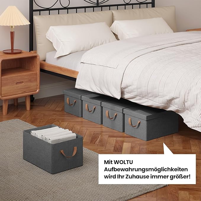 WOLTU Aufbewahrungsbox mit Deckel - Set mit 5 Aufbewahrungsboxen - zusammenklappbar - grau - 38 x 27 x 20 cm