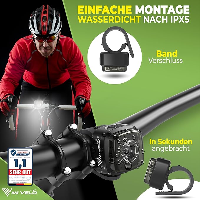 MIVELO Fahrradlicht - USB Wiederaufladbar - 100% Wasserdicht - IPX5 - Schwarz