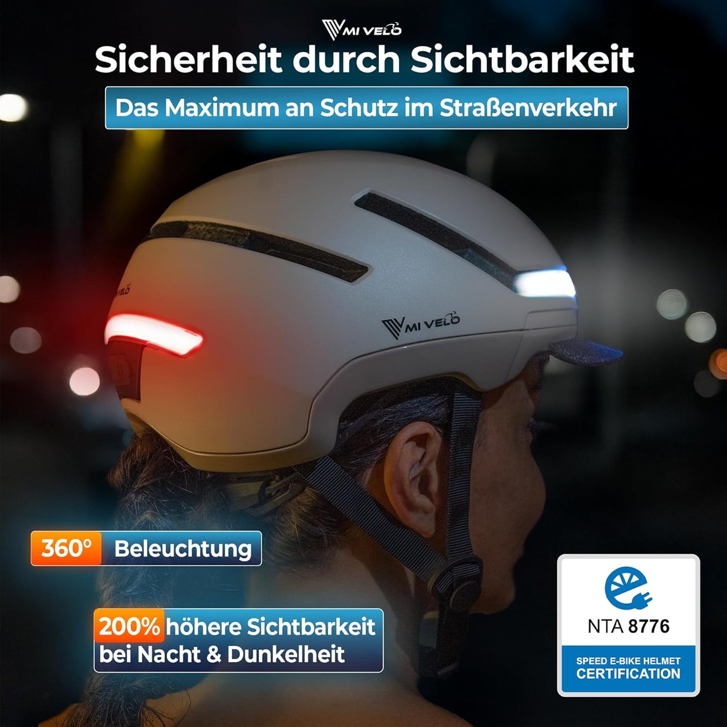 Mivelo Unisex-Radhelm NOVA - Mit Licht - NTA-zertifiziert bis zu 45km/h - Größe L (57-61 cm) - Beige