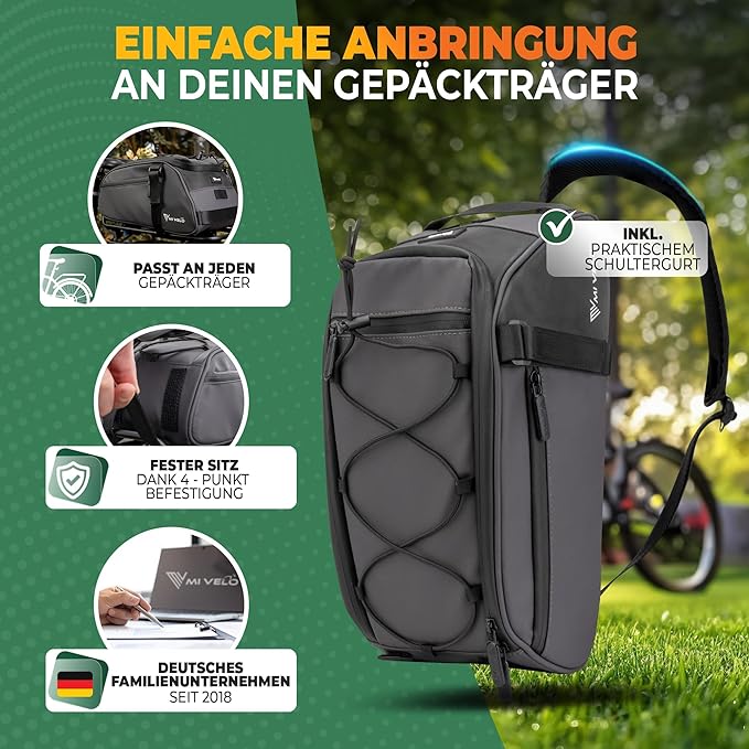 MIVELO Pannier 3-in-1 Rucksack & Umhängetasche - Wasserdicht & Reflektierend - 9 Liter - Dunkelgrau
