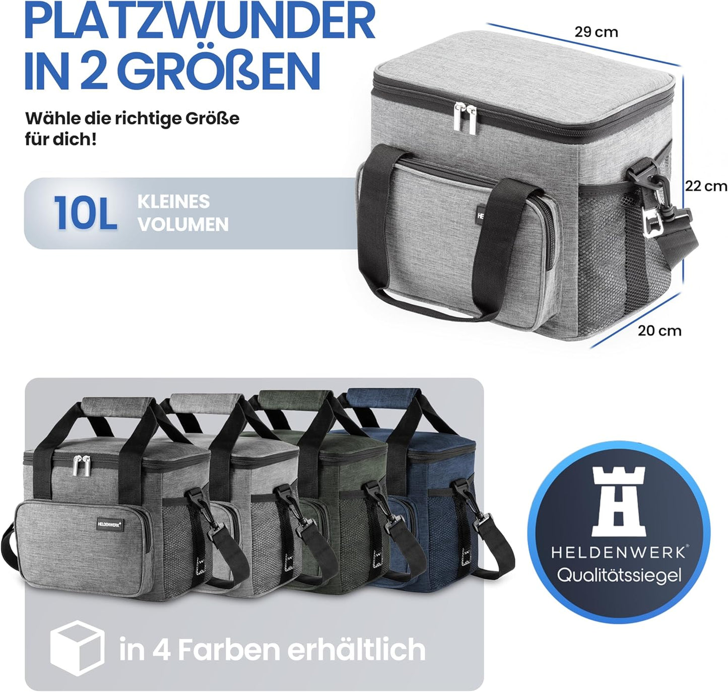 HELDENWERK Kühltasche klein & faltbar - 10 Liter Thermo-Lunchbag - isoliert, wasserdicht & auslaufsicher - Kühltasche - Brunch- und Lunchbag - Hellgrau