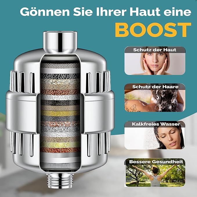 Essible 15-Stufen-Duschfilter - mit Vitaminen C und E - Edelstahl-Wasserfilter für Duschkopf - gegen Kalk, Chlor und Fluorid**