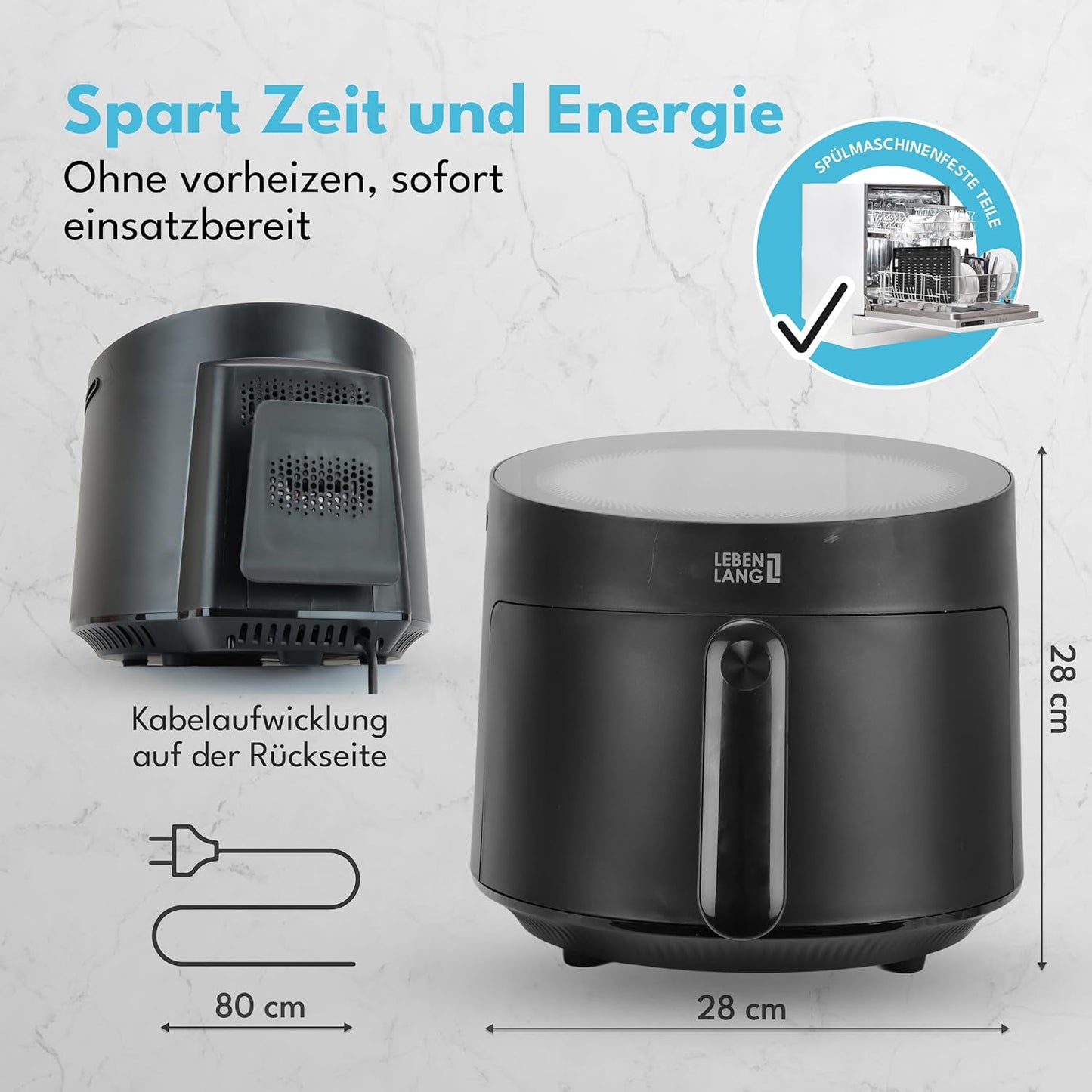 LEBENLANG Airfryer 5L & 1500W - 8 Programme - Inklusive Rezeptbuch - 45 x 30 x 27 cm - Schwarz