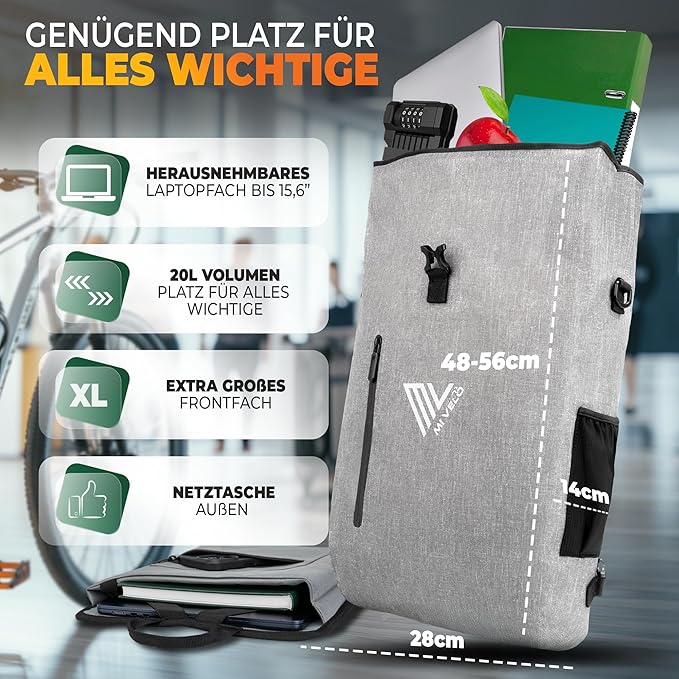 MIVELO 3-in-1 Packtasche - Rucksack & Umhängetasche - Wasserdicht - Mit Laptopfach & Schloss - 20L - Grau