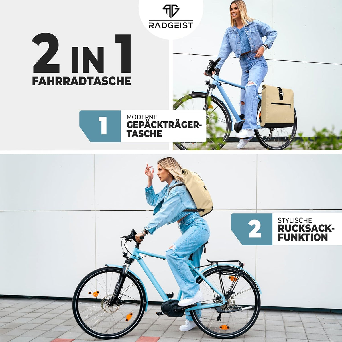 RADGEIST Fahrradtasche für Gepäckträger - Für Frauen & Männer - 20L - Beige