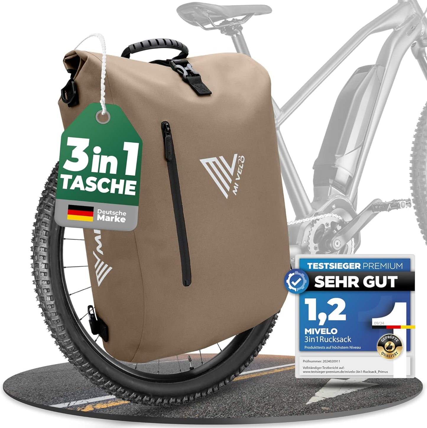 MIVELO 3-in-1 wasserdichte Fahrradtasche mit Laptopfach und Schloss - PVC-frei - Sand Beige - 20 L