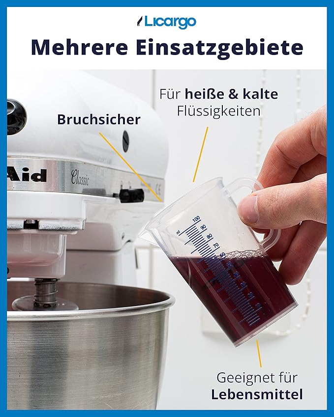 LICARGO Messbecher 100 ml – feine Skalierung – für präzises Dosieren – geeignet für Waschmittel, Autopflege, Backen und Kochen