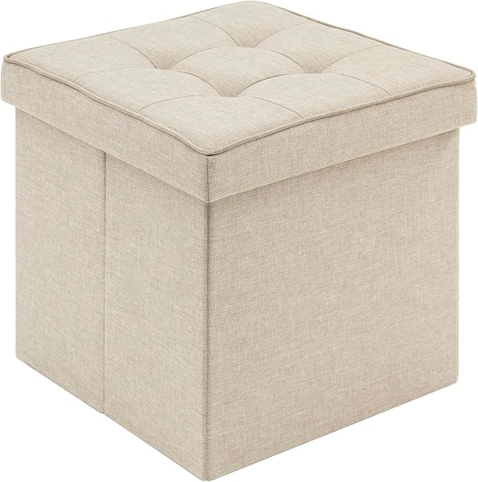 WOLTU Aufbewahrungshocker mit Deckel - Aufbewahrungshocker Würfel - klappbar - Sitzfläche aus Leinen - 37,5 x 37,5 x 38 cm - beige