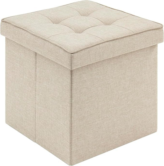 WOLTU Aufbewahrungshocker mit Deckel - Aufbewahrungshocker Würfel - klappbar - Sitzfläche aus Leinen - 37,5 x 37,5 x 38 cm - beige