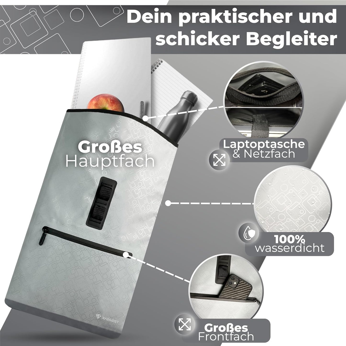 RADGEIST Fahrradtasche für Gepäckträger - Rucksack - 20L - Grau