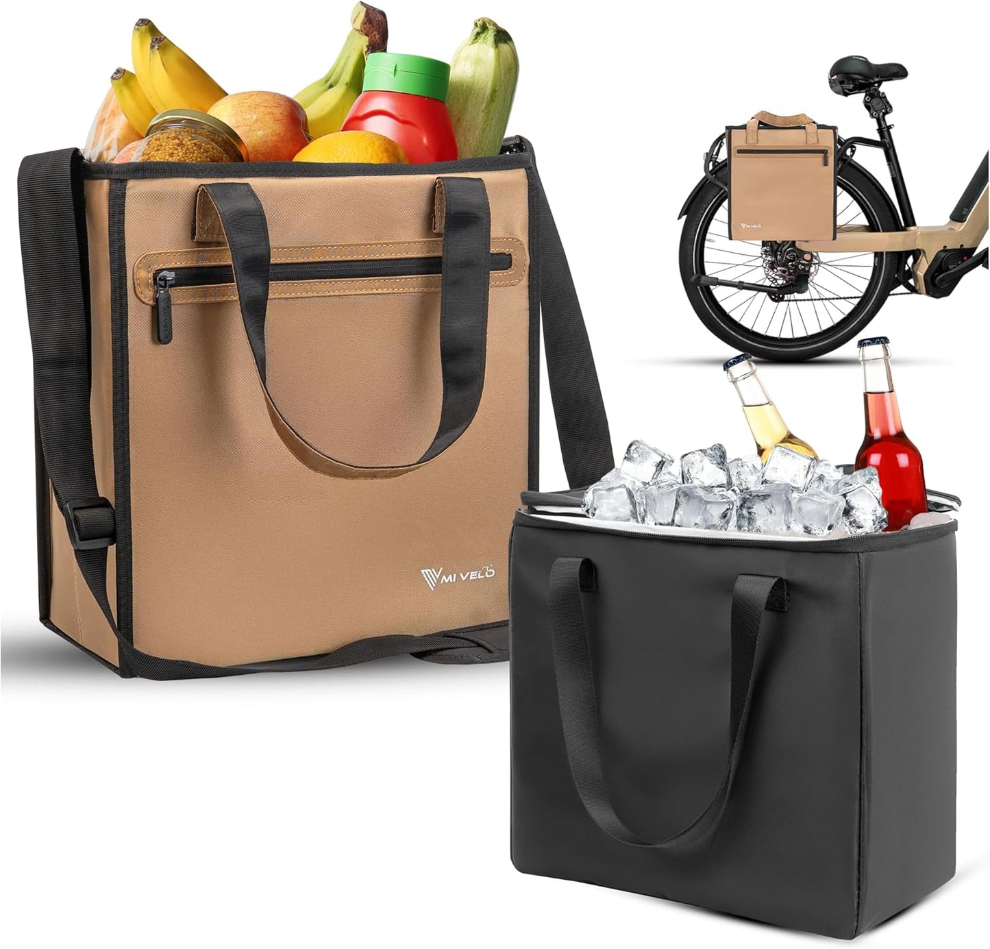 MIVELO Fahrradtasche - Für Lebensmittel - 25 Liter - Fassungsvermögen & abnehmbare Kühltasche - Polyester - Beige