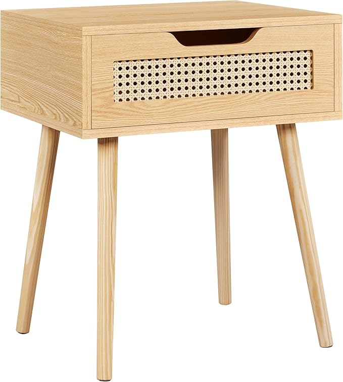 Yaheetech Nachttisch mit Rattan-Schublade – Hellbraun – 48,5 x 41 x 57,5 cm – Holzbeine