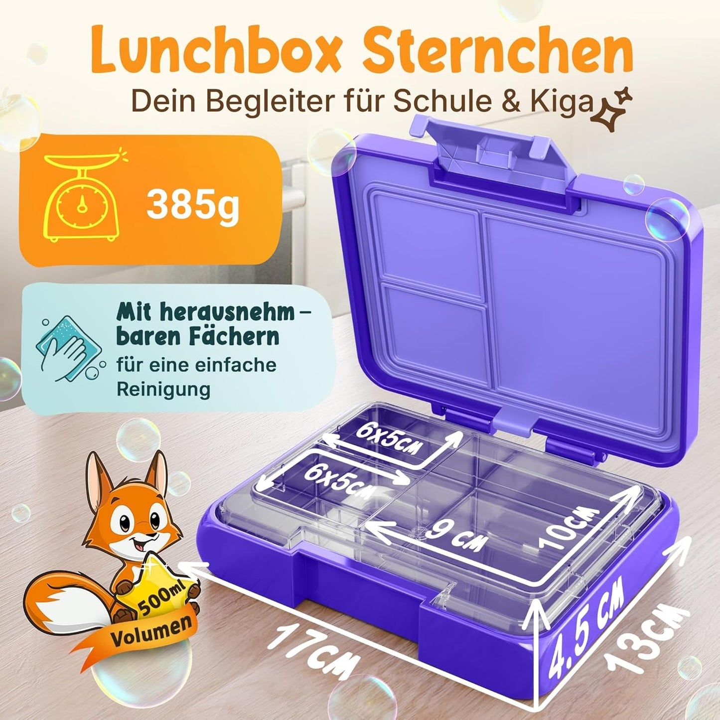 Funkelfuchs Lunchbox Kinder – 500 ml – Bento Box mit Fächern – Spülmaschinenfest – Lila