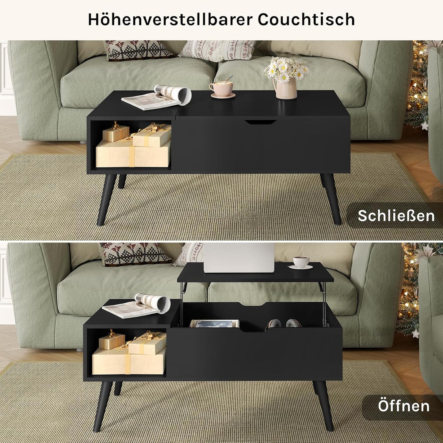 Woltu Couchtisch, höhenverstellbar – 100 x 57 x 50 cm – Schwarz
