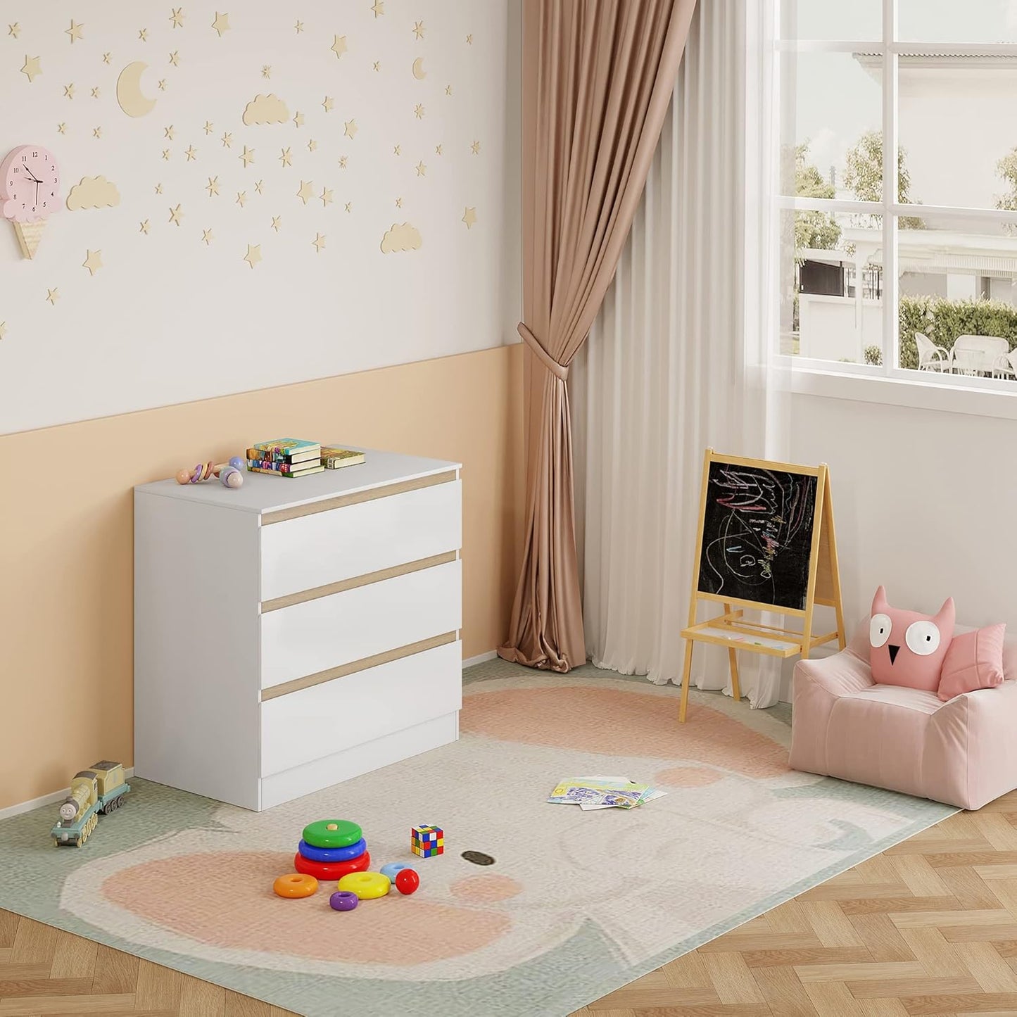 Woltu Wickeltisch mit Wickelaufsatz - 80x48x78 cm - Weiß und Eiche - 3 Schubladen - Ergonomisch 86 cm Arbeitshöhe