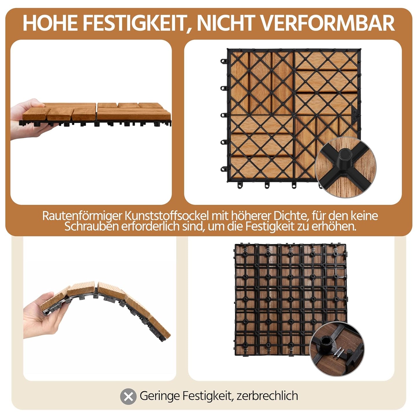 Yaheetech Akazienholz-Decking-Fliesen Hellbraun - 27 Stück - 30 x 30 cm - Wasserfeste Klick-Fliesen für Balkon, Terrasse & Garten