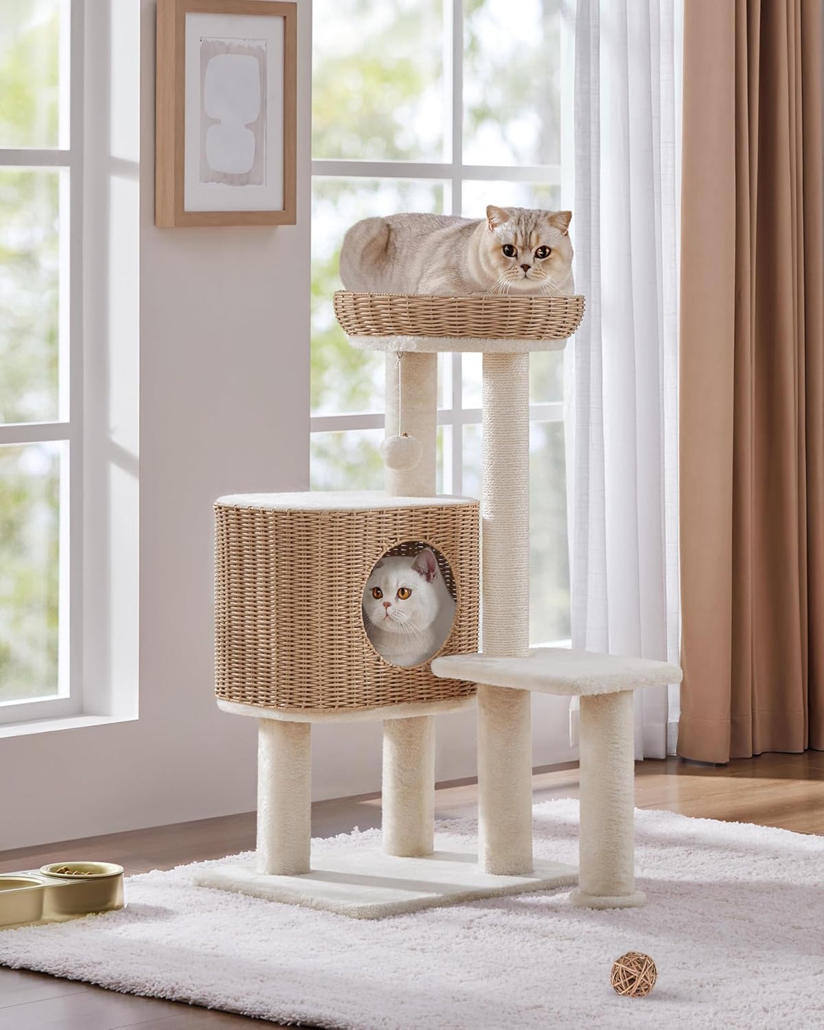 Yaheetech Katzenpfosten mit Rattan-Katzenhaus - 49 x 41 x 91 cm - ausgestattet mit Luxus-Katzenkorb und Sisal-Kratzern und weichen herausnehmbaren Matten - für Kätzchen und erwachsene Katzen - Beige Rattan und Plüsch