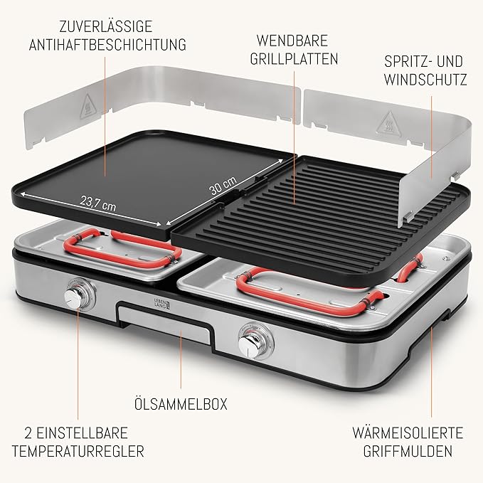 LEBENLANG Elektro-Tischgrill - 2400W - inkl. Grillzange und Spritzschutz - 35 x 52 x 10 cm - Edelstahl