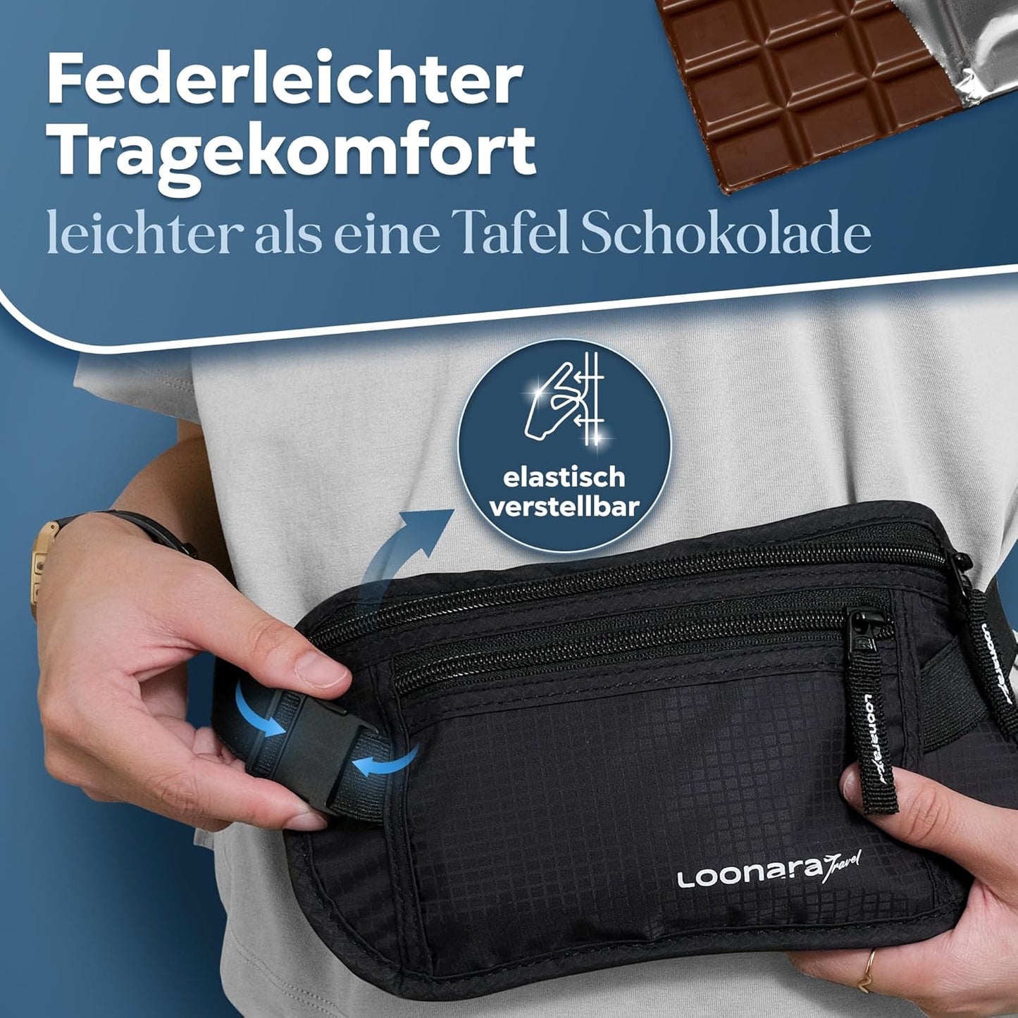 loonara Reise-Hüfttasche - mit Geheimfach - 13,5 x 25 cm - Schwarz