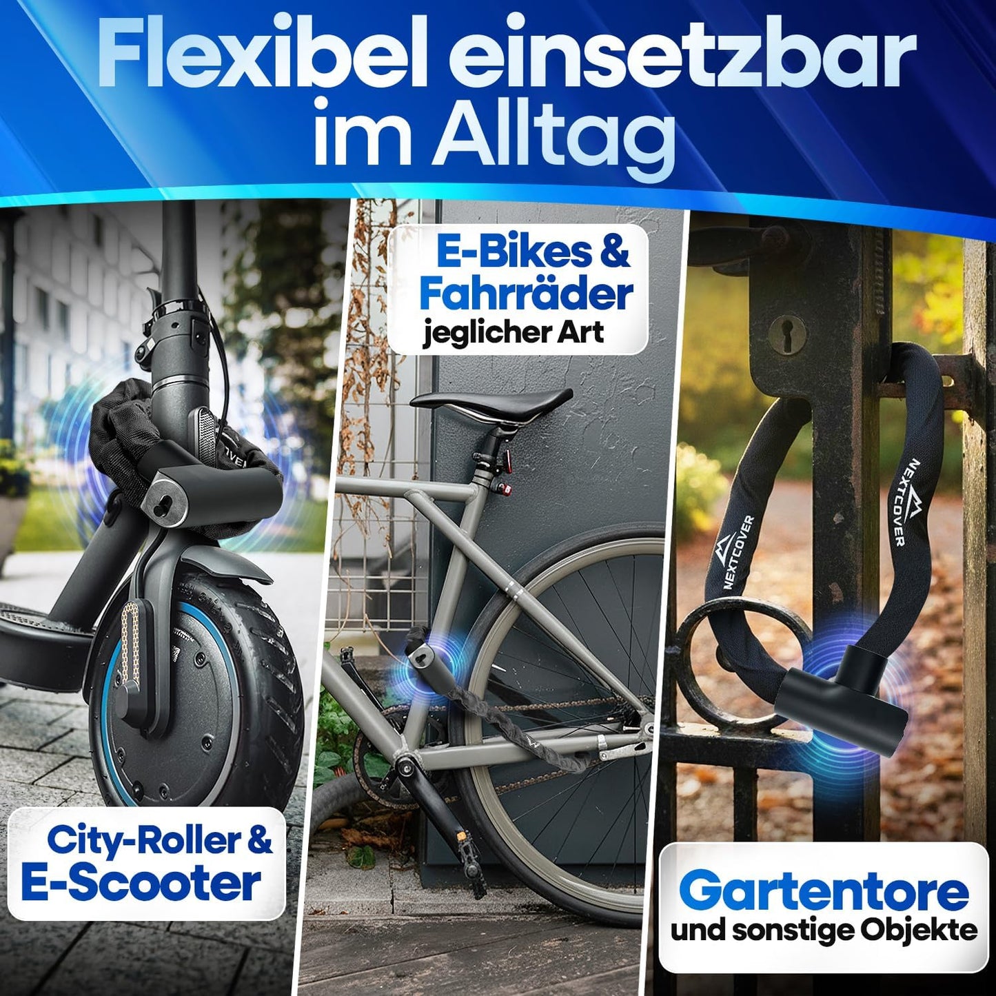 NEXTCOVER® Fahrradschloss LockOne mit Schlüssel I - [SAFE] Fahrradschloss hohe Sicherheit I robustes & langlebiges Kettenschloss Fahrrad I Fahrradschloss, Fahrradschloss 3 Schlüssel