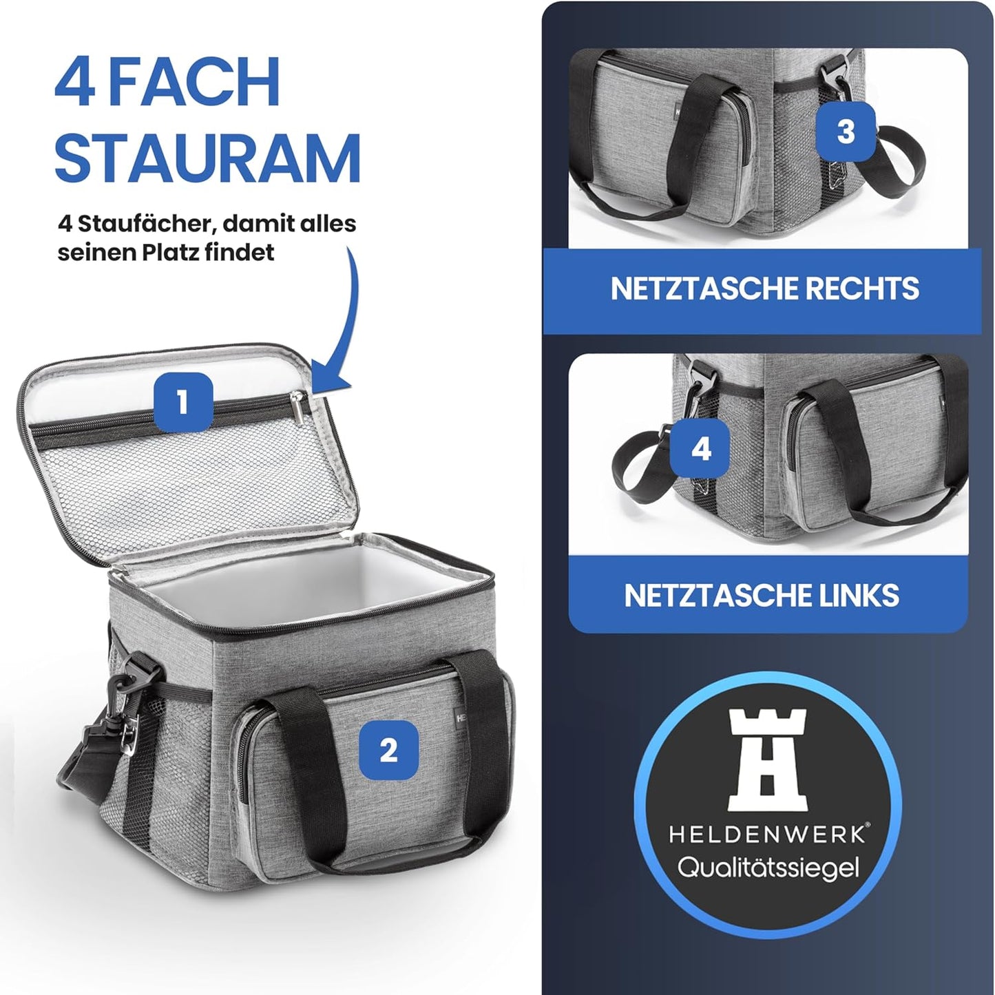 HELDENWERK Kühltasche klein & faltbar - 10 Liter Thermo-Lunchbag - isoliert, wasserdicht & auslaufsicher - Kühltasche - Brunch- und Lunchbag - Hellgrau