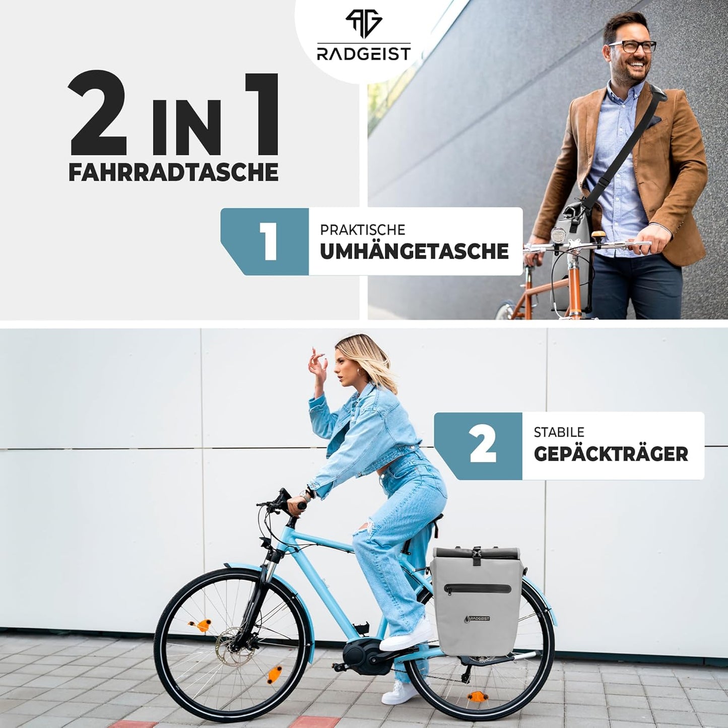 RADGEIST Tasche für Fahrradträger - Wasserdicht - Reflektierend - 20L - Grau