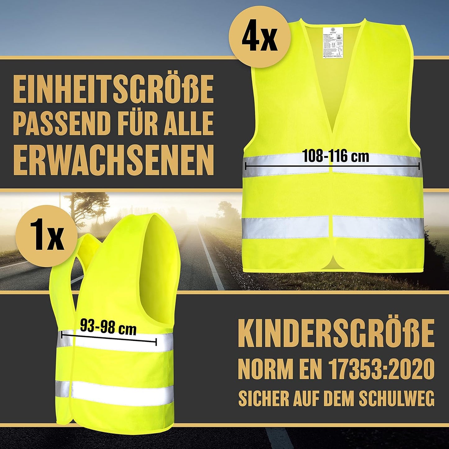 Heroic Sicherheitswesten Auto - 5+1 Set - Inklusive Kinderweste - Europäisch zugelassen - Reflektierend - Gelb