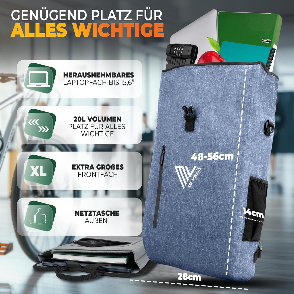 MIVELO - 3-in-1 wasserdichte Fahrradtasche mit Laptop-Fach und Schloss - PVC-frei - 20 L - Jeansblau