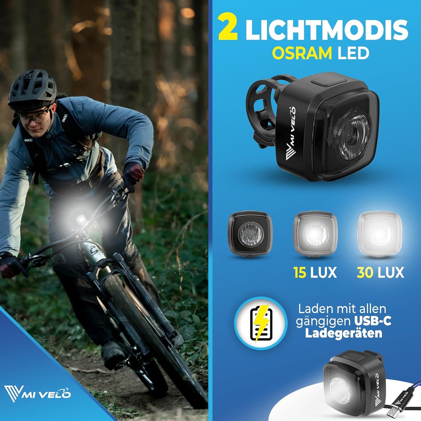 Mivelo Fahrradlicht-Set - LED Vorder- und Rücklicht - USB aufladbar - wasserdicht