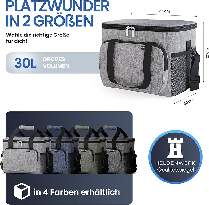 HELDENWERK Große Kühltasche, faltbar, isolierte Kühltasche, Thermotasche, auslaufsicher und wasserdicht, Picknick-Lunchbag, Frühstückstasche, Thermotasche, Isoliertasche - 30 L